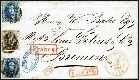 Stamp of Belgium » Belgique. 1851 Médaillons (filigrane sans cadre) - Émission 20c Bleu (2, une marge touchée) + 10c Brun (bien m