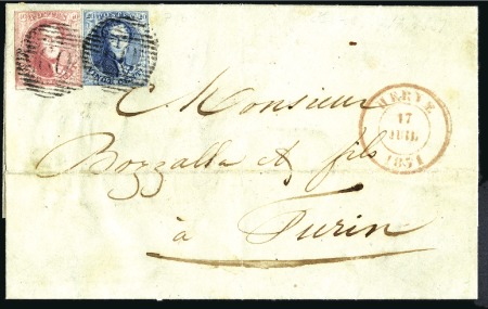 Stamp of Belgium » Belgique. 1849 Médaillons (filigrane encadré) - Affranchissements mixtes, composés, etc. 40c Carmin + 20c bleu de 1851, diversement margés,