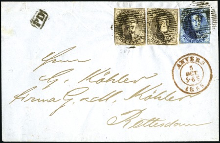 Stamp of Belgium » Belgique. 1851 Médaillons (filigrane sans cadre) - Émission 20c Bleu et deux 10c brun, deux margés, oblitérati