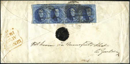 Stamp of Belgium » Belgique. 1851 Médaillons (filigrane sans cadre) - Émission 20c Bleu, bande de quatre entamée, oblitération de