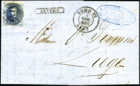 Stamp of Belgium » Belgique. 1851 Médaillons (filigrane sans cadre) - Émission 20c Bleu, très bien margé, oblitération ambulant N