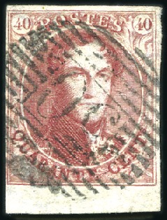 Stamp of Belgium » Belgique. 1849 Médaillons (filigrane encadré) - Émission 40c Carmin, margé avec bdf inférieur, oblitération