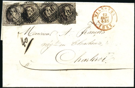 Stamp of Belgium » Belgique. 1851 Médaillons (filigrane sans cadre) - Émission 10c Brun, quatre exemplaires diversement margés, o