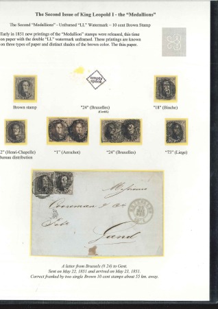 Stamp of Belgium » Belgique. 1851 Médaillons (filigrane sans cadre) - Émission 10c Brun, petit lot monté sur deux pages d'exposit