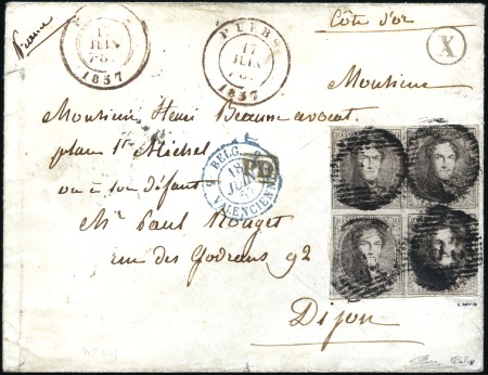 Stamp of Belgium » Belgique. 1851 Médaillons (filigrane sans cadre) - Émission 10c Brun, BLOC DE QUATRE bien margé, oblitération 