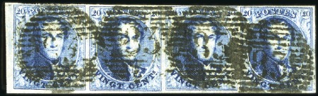 Stamp of Belgium » Belgique. 1851 Médaillons (filigrane sans cadre) - Émission 20c Bleu, bande de quatre bien margée avec petit b