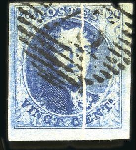 Stamp of Belgium » Belgique. 1851 Médaillons (filigrane sans cadre) - Émission 20c Bleu, bien margé avec coin de feuille montrant