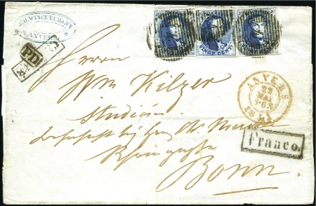 Stamp of Belgium » Belgique. 1851 Médaillons (filigrane sans cadre) - Émission 20c Bleu, trois exemplaires bien margés, oblitérat