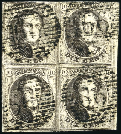 Stamp of Belgium » Belgique. 1851 Médaillons (filigrane sans cadre) - Émission 10c Brun, en BLOC DE QUATRE margé (pli entre la pa