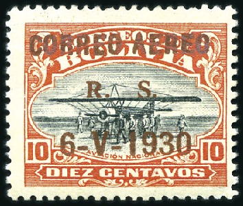 Stamp of Bolivia 1930 10c Graf Zeppelin ovpt. in BROWN, only 50 iss