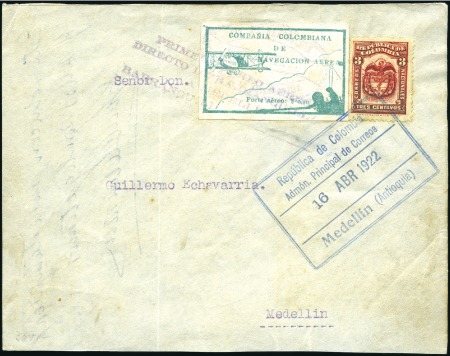 Stamp of Colombia 1922 (April 16) Flight cover front direct from Bar
