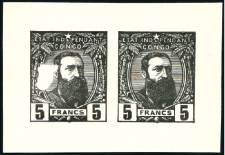 Stamp of Belgian Congo » Congo Belge 1887 Léopold II - Genèse Épreuve du coin du 5 Francs en noir sur papier gla