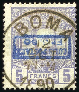 Stamp of Belgian Congo » Belgian Congo 1889 Parcel Post 3F50 sur 5F lilas, surcharge bleue renversée, supe
