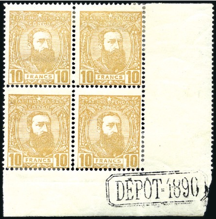 Stamp of Belgian Congo » Congo Belge 1887 Léopold II - Timbres 10F ocre-jaune, en bloc de quatre coin de feuille 