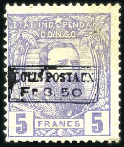 Stamp of Belgian Congo » Belgian Congo 1889 Parcel Post 3F50 sur 5F, lot comprenant deux 5F violet avec re