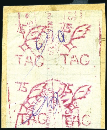 1921 T.A.G. 75c Red First Issue, block of four on 