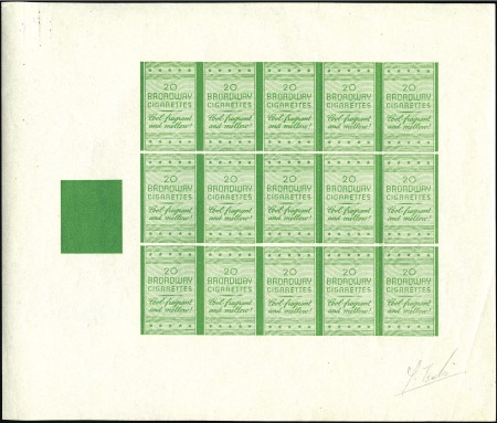 Stamp of Israel » Israel 1948 "Doar Ivri" Broadway Colour Trials Green "Broadway Cigarettes" colour trial sheet of 