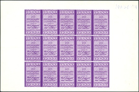 Stamp of Israel » Israel 1948 "Doar Ivri" Broadway Colour Trials Magenta "Broadway Cigarettes" colour trial sheet o
