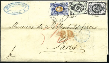 Stamp of Russia » Russia Imperial 1865 Fourth Issue Arms perf 14 1/2 : 15 (St. 11-16) THREE ISSUE FRANKING: 1865 4th issue 3k + 1858 2nd
