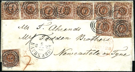 Stamp of Denmark 1858-62 4s Brown, TEN examples tied by "1" target 