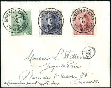 Stamp of Belgium » General issues from 1894 onwards 1919-20 Roi Casqué, 5c vert, 10c rouge et 15c viol