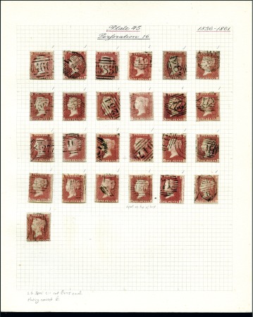Stamp of Great Britain » 1854-70 Perforated Line Engraved 1857 1d Red-Brown perf.16 pl.45 selection of 25 us