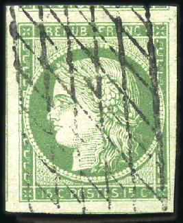 Stamp of France 1849 15c vert foncé avec voisin en haut et à gauch