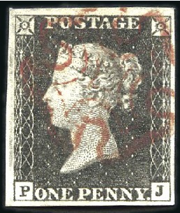 Stamp of Great Britain » 1840 1d Black and 1d Red plates 1a to 11 Plate 1a PJ with good to large margins, neat brown