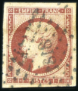 Stamp of France 1853-60 1F Empire obl PC1818 de Lyon, belles marge