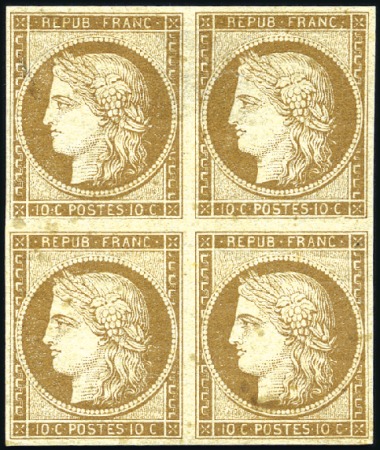 Stamp of France 1849 Cérès 10c bistre brun bloc de 4, neuf avec ch