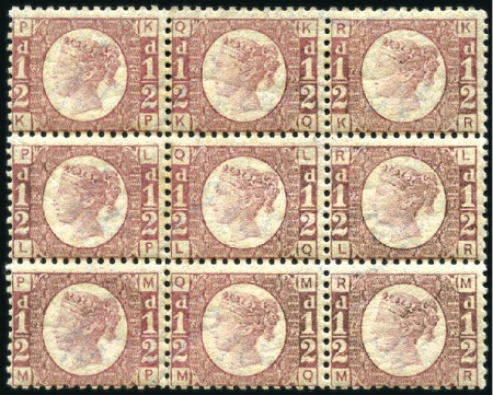 Stamp of Great Britain » 1854-70 Perforated Line Engraved 1870 1/2d pl.12 block of 9, mint og (only one stam
