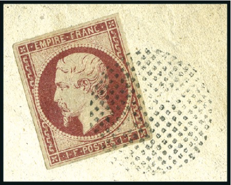 Stamp of France 1853-60 1F Empire oblitéré, sur lettre mais n'appa