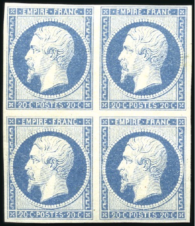 Stamp of France 1853-60 Empire non dentelé 20c bleu laiteux, en bl