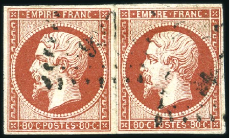 Stamp of France 1853-60 Empire ND 80c vermillonné en paire, pli su