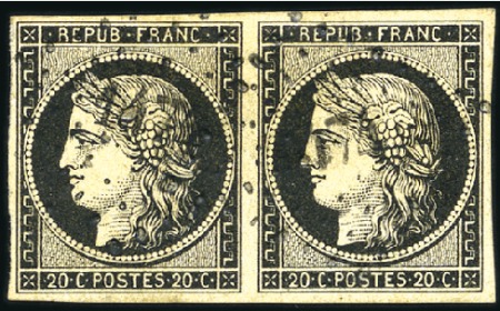 Stamp of France 1849 20c noir en paire obl. PC1474 de Guingamp, TB