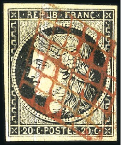 Stamp of France 1849 20c noir obl. grille rouge, TB, rare oblitéra