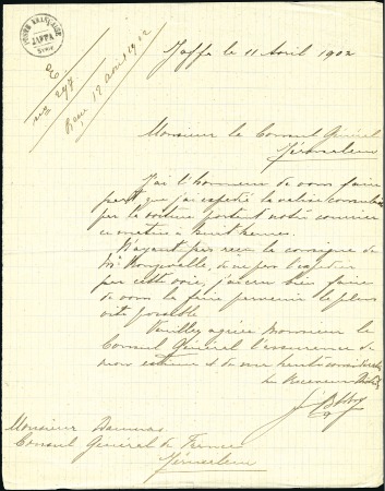 1902 Letter from the French Postmaster at Jaffa to