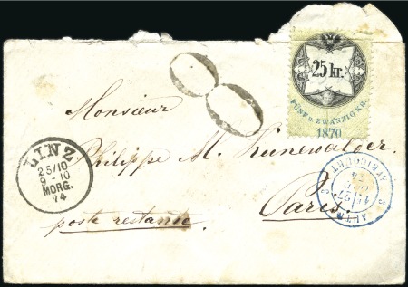 Stamp of Austria 1874 Envelope from Linz to Paris, bearing uncancel