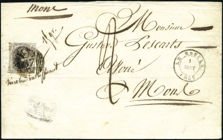Stamp of Belgium » Belgique. 1851 Médaillons (filigrane sans cadre) - Émission 10c Brun, touché, oblitération de la distribution 
