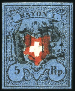 Stamp of Switzerland / Schweiz » Rayonmarken » Rayon I, dunkelblau ohne Kreuzeinfassung Type 15 mit schwarzem PP entwertet, farbfrisches L