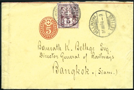 Stamp of Switzerland / Schweiz » Ganzsachen » Streifbänder 1883 5C rot, auf gelbem Papier, zusammen mit Ziffe