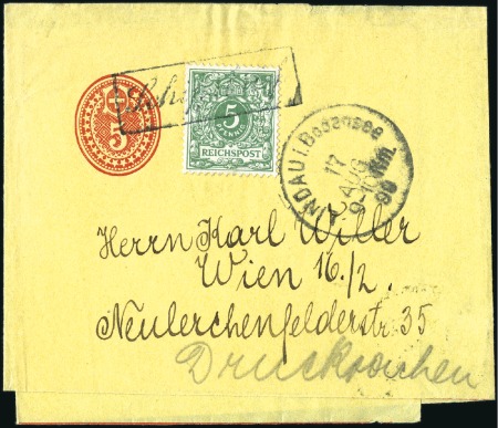 1897 5C rot, auf gelbem Papier zusammen mit Deutsc