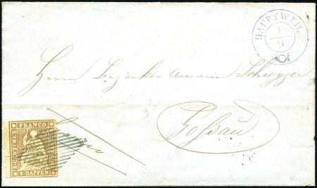 Stamp of Switzerland / Schweiz » Sitzende Helvetia Ungezähnt » 1856-57 Berner Druck (II) 5Rp braun, linkes Randstück auf Brief entwertet mi
