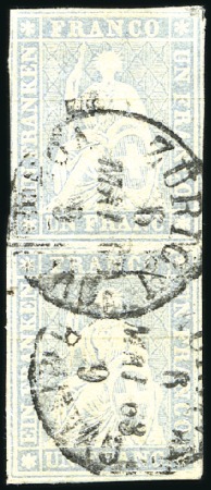 Stamp of Switzerland / Schweiz » Sitzende Helvetia Ungezähnt » 1856-57 Berner Druck (III) 1Fr violettgrau, senkrechtes Paar gestempelt "ZÜRI