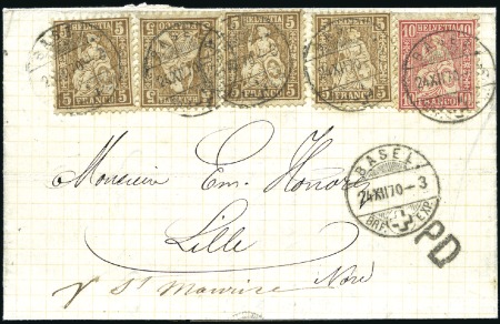 1870 (24. Dez.) 5C braun (4) und 10C rot auf Faltb