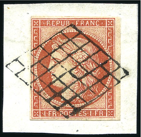 Stamp of France 1849 1F vermillon oblitéré grille sur petit fragme