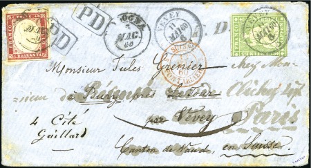 Stamp of Switzerland / Schweiz » Sitzende Helvetia Ungezähnt » 1857-62 Berner Druck, Dickes Papier 40C rot Sardinien auf Brief via Pallanza nach VEVE
