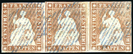 Stamp of Switzerland / Schweiz » Sitzende Helvetia Ungezähnt » Münchner Druck, 1. Auflage 5Rp rotbraun in waagrechten Dreierstreifen entwert