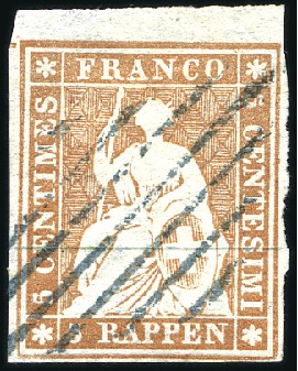 Stamp of Switzerland / Schweiz » Sitzende Helvetia Ungezähnt » Münchner Druck, 1. Auflage 5Rp braunorange vom oberen Bogenrand entwertet mit