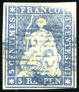 Stamp of Switzerland / Schweiz » Sitzende Helvetia Ungezähnt » Münchner Druck, 1. Auflage 5Rp BLAU anstatt braun sog. FARBFEHLDRUCK (im Zums